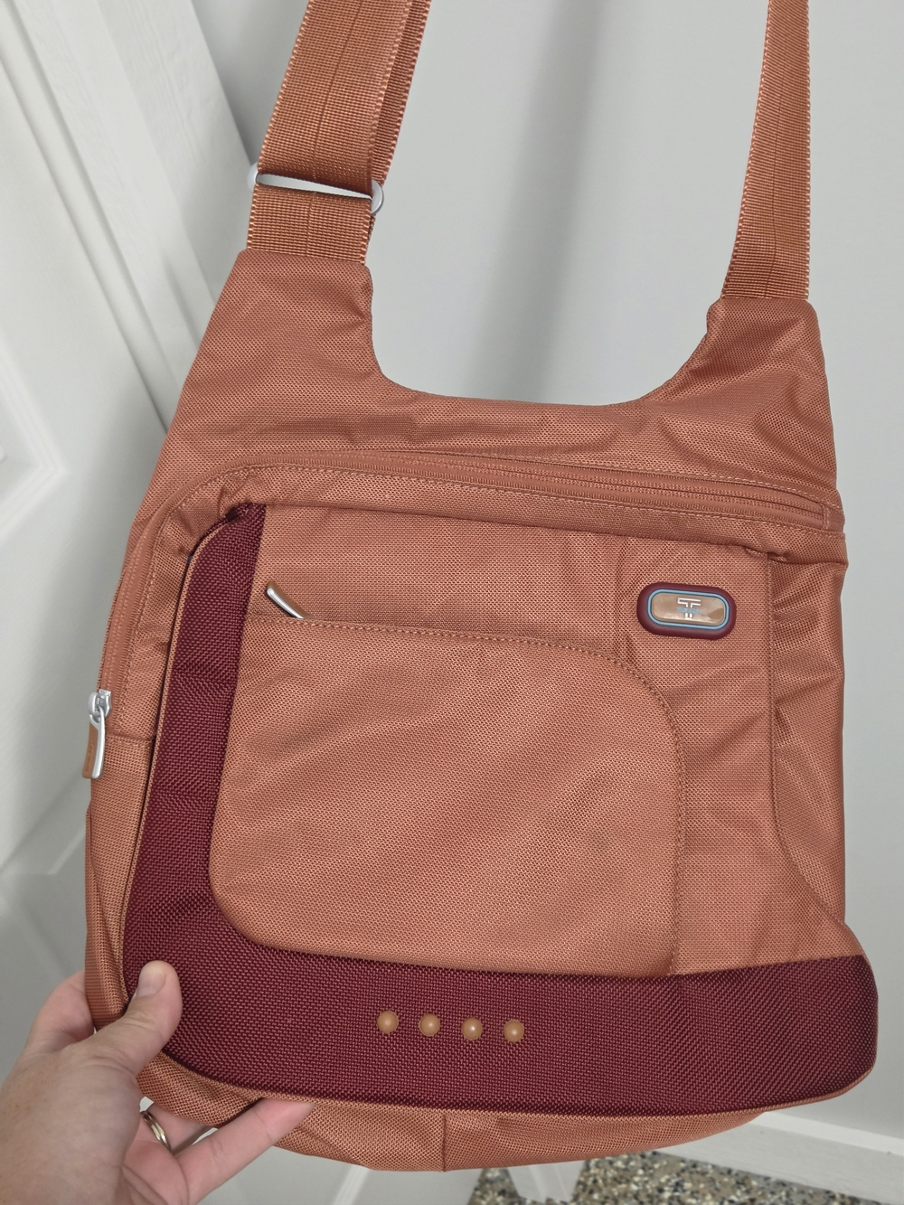 Vintage Tumi Nylon Messenger Bag in Orange with Dark Rust Accents